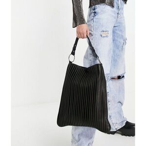 TOPSHOP Plisse Black Leather Tote Purse Shoulder Bag Womens